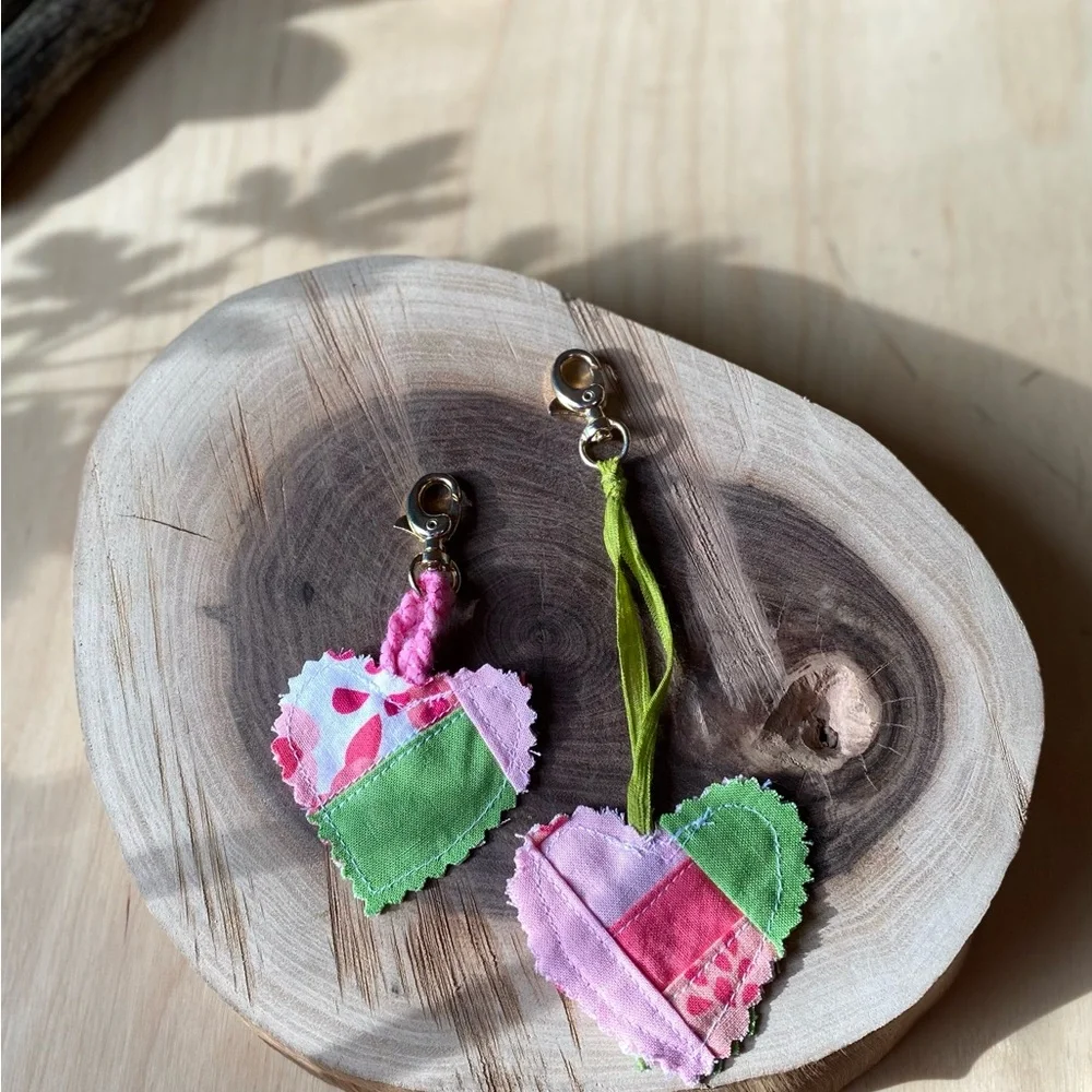 Cottagecore key and purse fob heart set pink and green floral abstract print